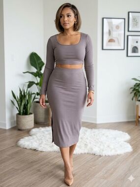 SHEIN Taupe Ribbed Long-Sleeve Cropped Top & Midi Skirt Set